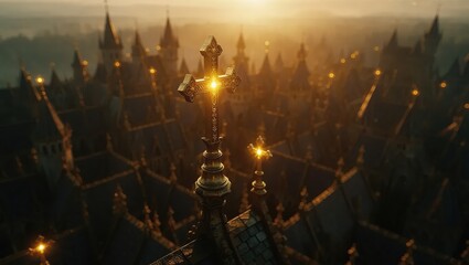 Golden hour illuminates a majestic cityscape with numerous spires and domes, creating a breathtaking and ethereal atmosphere.