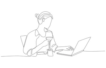 Continuous one line drawing of woman working on laptop while holding wine glass, symbolizing balance between work and relaxation, modern lifestyle, and digital freedom, single line art.
