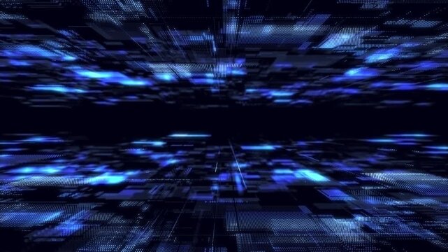 Abstract digital cyberspace with moving particles. Cyber security database. Matrix technology decoder. Futuristic hi-tech background with blue dots. High speed big data. 3D rendering.