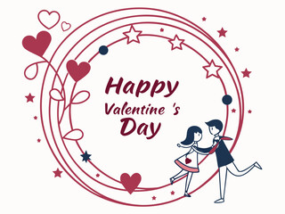 “Happy Valentine’s Day” circular frame with small stars and hearts, simple modern vector design.
