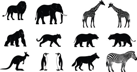 Wild animal silhouettes, African savannah, jungle wildlife, Arctic species, predator and herbivore mix, biodiversity, global nature, conservation, educational illustration