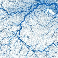 Obraz premium Intricate Blue River Network System Topographical Map Abstract Pattern with Detailed Tributaries and Branching Waterways on a White Background ideal