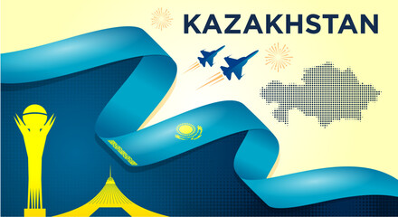 Kazakhstan Independence Day Banner with Flag Ribbon and Landmarks
