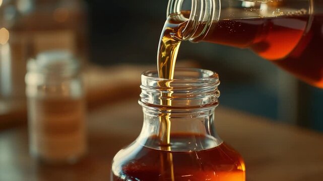 A person fills a glass bottle with sweet syrup