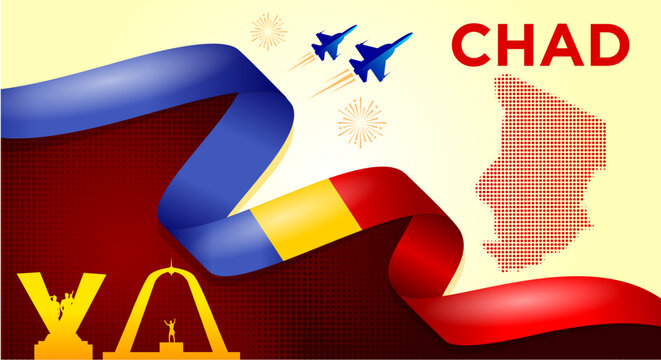 Chad Independence Day Banner with Flag Ribbon and Landmarks