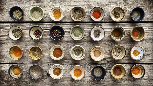 aromatic. An artistic arrangement of spice cups on a wooden table from an overhead perspective. menu design, packaging mockups, designed for culinary blogs and recipe cards for restaurants.