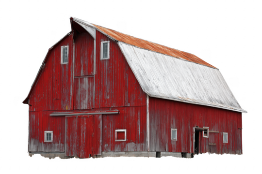 Weathered red barn structure rustic rural isolated on a transparent background