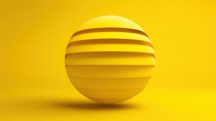 A three-dimensional geometric sphere with horizontal stripes rests on a monochromatic yellow background,