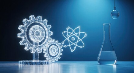 Glowing digital gears, atom model, and lab beaker illustrate scientific innovation