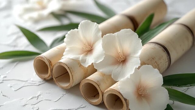A bundle of bamboo stalks adorned with colorful flowers, perfect for decorating or as a symbol of growth