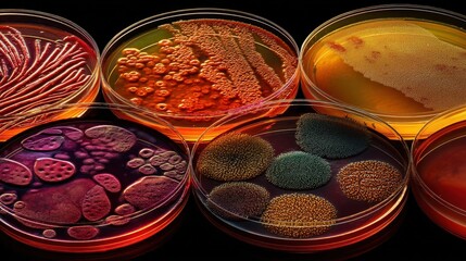 Extreme macro shot: colorful bacterial colonies growing in Petri dishes in a laboratory