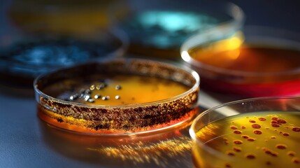 Extreme macro shot: colorful bacterial colonies growing in Petri dishes in a laboratory