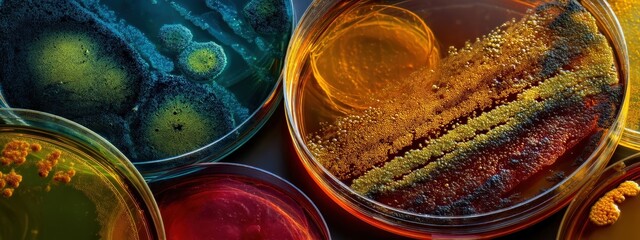 Extreme macro shot: colorful bacterial colonies growing in Petri dishes in a laboratory