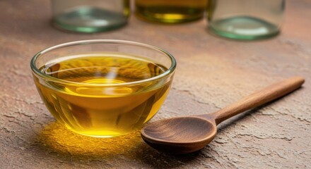 Golden cooking oil in a clear bowl with a wooden spoon on a textured surface, blurred bottles