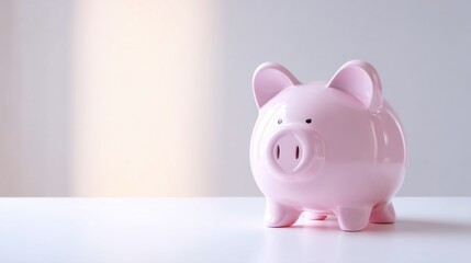 A glossy light pink piggy bank shaped like a cartoon pig with round eyes, bulging snout, short ears, sturdy feet,