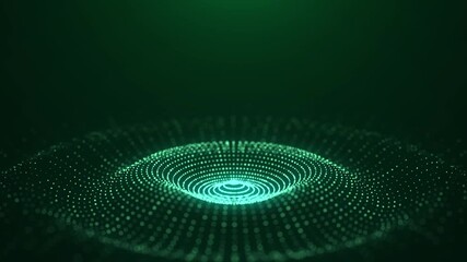 3D futuristic circle wave. Abstract digital background. Glowing music sound wave with dots and lines. Technology backdrop with moving green particles. Graphic effect network connection. 3D rendering. - Powered by Adobe
