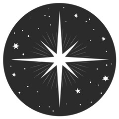 Bright guiding North Star shining in the dark night sky with celestial bodies vector illustration