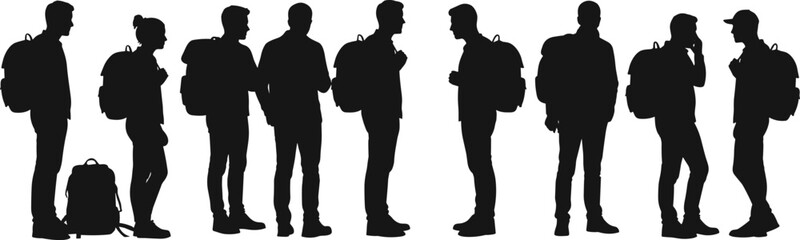 Backpack silhouettes, group of people standing, students or travelers, casual lifestyle, education, journey, outdoor activity, mobility, community illustration set