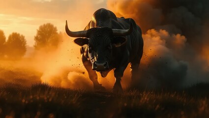 Majestic Bull Charging Through Dust and Smoke at Sunset.