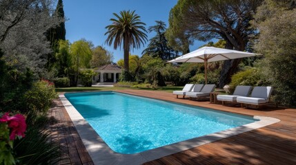 Naklejka premium Modern backyard swimming pool area with wooden deck surrounded by lush greenery and sunny skies