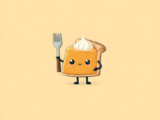Cute pie slice character holding fork, kawaii style