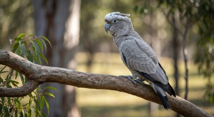 Obraz premium Grey crested parrot perches on a gnarled tree branch in a sunlit natural environment