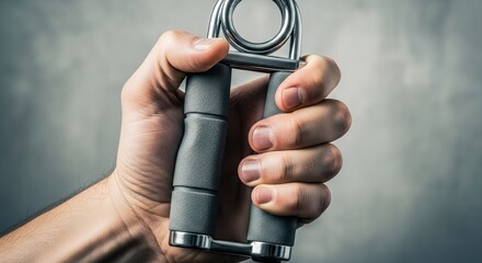 Hand grips a gray and silver spring-loaded hand exerciser for strength training