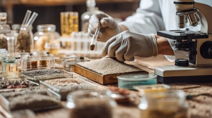 Gloved lab technician examines soil, sand, or gravel samples on a dark laboratory bench