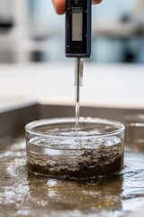 Close-up of a lab assistant submerging an electrode of a portable EC/TDS meter into wet soil