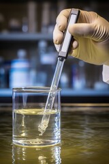 Close-up of a lab assistant submerging an electrode of a portable EC/TDS meter into wet soil