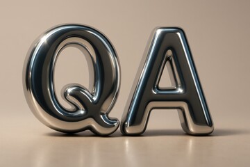Highly reflective, polished metal 3D letters 'Q' and 'A' on a beige background