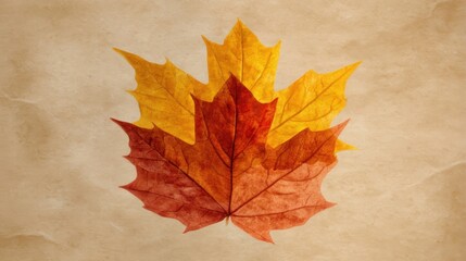 Three overlapping autumn leaves in yellow and red hues rest on a textured beige surface resembling aged parchment,
