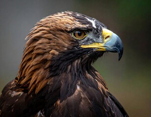 Obraz premium Close-up shot of a golden eagle's head. The magnificent bird exhibits intense eye contact with detailed plumage and a sharp beak