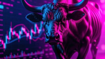 Neon Bull Represents Bull Market on Stock Exchange Graph.