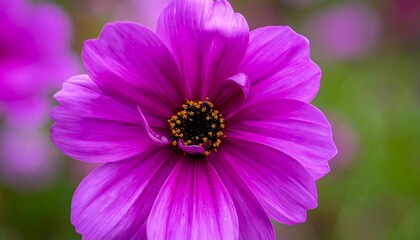 Close-up shot of a vivid purple flower with a dark center. Petals radiate outwards. Soft green background with bokeh