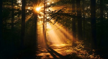 Sunbeams stream through a dense forest, illuminating a path as golden hour light filters through the trees.