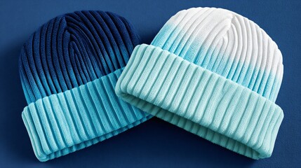 Stylish knitted beanies featuring a modern ombre gradient design in cool blue and white tones, perfect for winter fashion and cozy lifestyle photography.