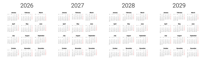 Set of 2026, 2027, 2028. 2029 calendar start from Monday. English UK Vector template. Full months for wall calendar. isolated background