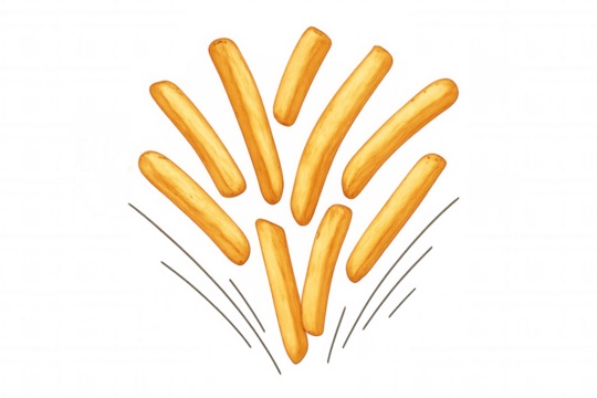 Falling french fries creating a delicious fast food explosion, crispy potato snack with transparent background