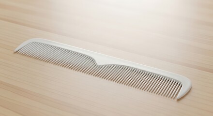 Monochrome hair comb resting on a light, wood-grained surface, minimalist