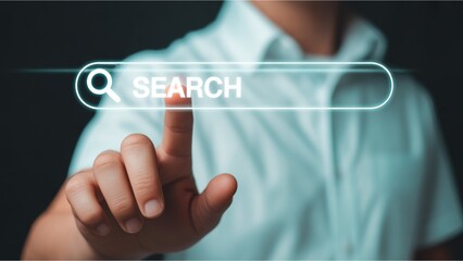 Human hand interacting with a glowing digital search bar on a virtual screen, symbolizing the concept of online information retrieval, internet exploration, and data access in the modern digital age
