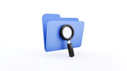 A digital file folder icon with a blue background and black handle features a black magnifying glass overlay with a whit