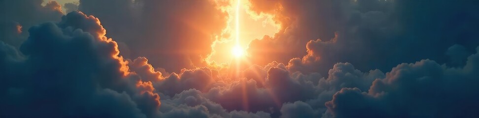 A single, bright beam of light pierces through dark, swirling clouds, symbolizing hope and a breakthrough  Perfect for concepts of innovation, future, and enlightenment ,  ray,  universe,  concept