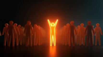 Abstract figures arranged symmetrically in mirrored rows, central figure glowing orange with raised arms,