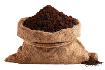 Burlap sack overflowing with dark ground coffee jute isolated on a transparent background