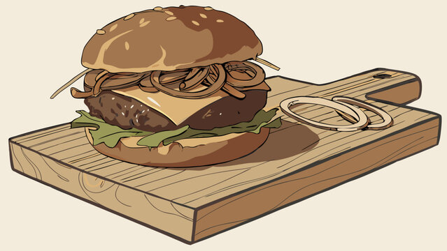 Delicious Cheeseburger on Wooden Cutting Board Fast Food Illustration Menu Design Restaurant Graphic.