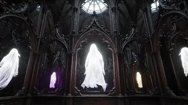 Ethereal ghosts float silently through the gothic cathedral, their spectral forms glowing softly in the dimly lit interior, creating an eerie and mysterious atmosphere.