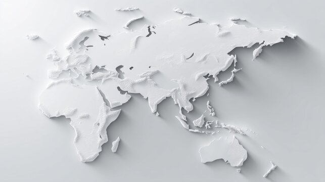 A grayscale 3D world map with raised continents showcasing topographical features through depth and texture variations,