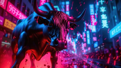 Powerful Bull Statue in Neon Lit Cyberpunk Cityscape at Night.