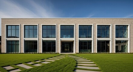 Modern brick building, glass facade, green lawn, stone path leading to entrance, blue sky